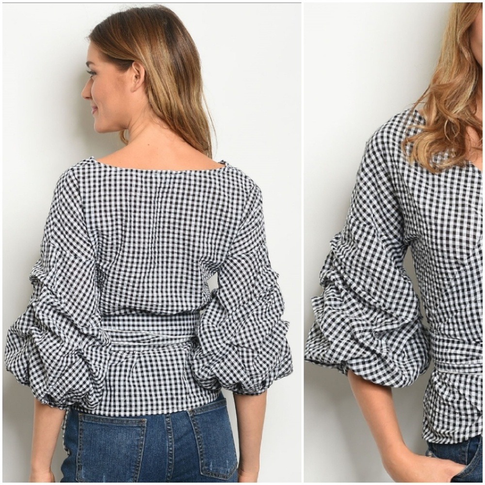 Long puff sleeve V-neck gingham wrap blouse